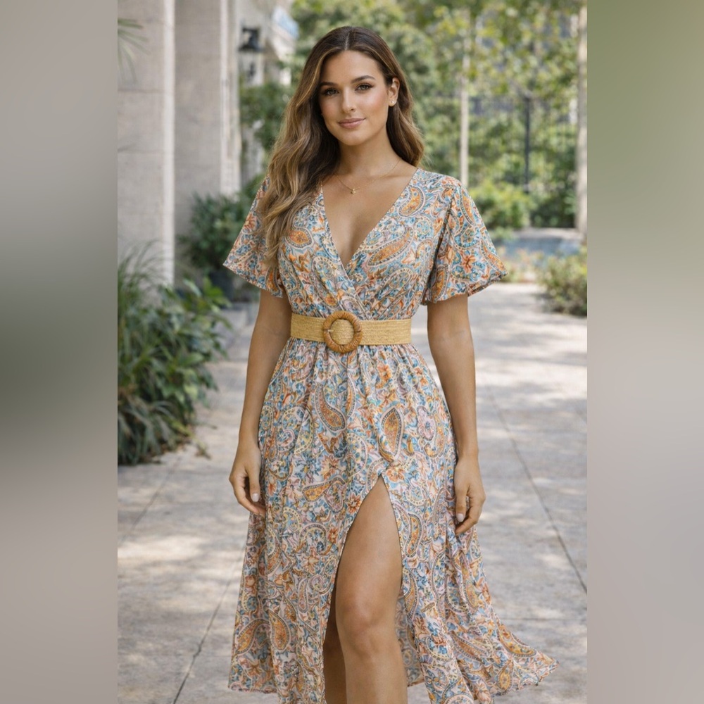 Idylle Bohémienne Paisley Midi Dress – Boho Wrap Style Belted Flowy Size M